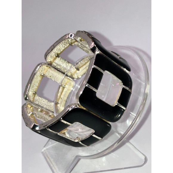 Black & Silver-Tone Metal Rounded Squares Stretch 3.5 Inch Bracelet Vintage! - Picture 6 of 8